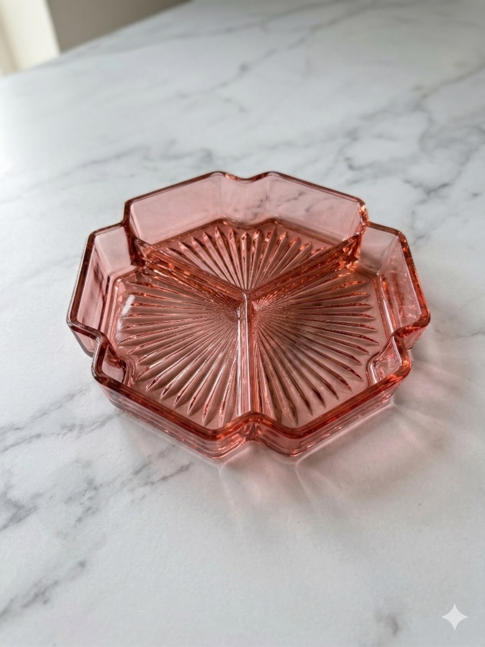 Pink Depression Glass 3-Section Divided Relish & Candy Dish — Starburst Pattern